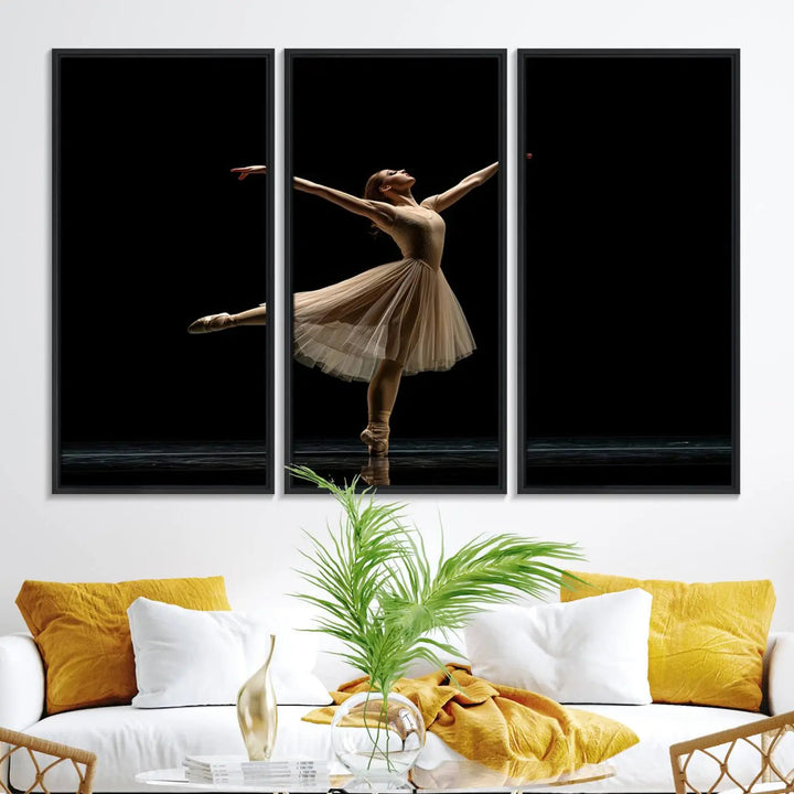 Displayed in a modern, minimalistic room is the Ballerina Canvas Wall Art Print titled "Elegant Ballet Dancer in Motion," an exquisite dance-inspired wall decor that captures the grace of a ballerina.