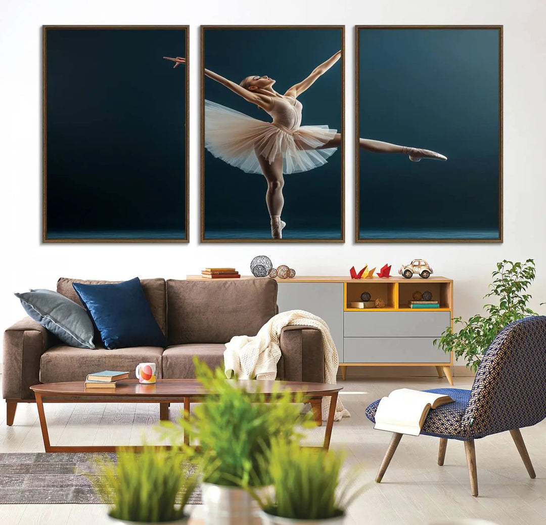 This stunning Ballerina Canvas Wall Art Print captures the elegance of a ballet dancer in motion, beautifully highlighted against a stage-like backdrop with delicate decor and natural elements. As graceful dance-inspired wall decor, it adds an element of grace and movement to any living room, office, or bedroom and is ready to hang.