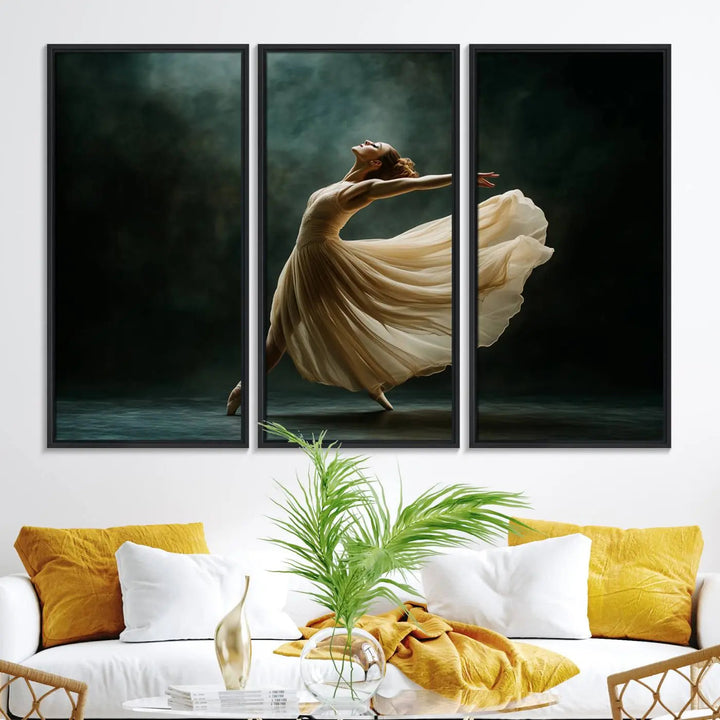 The Ballerina Canvas Wall Art Print, featuring an elegant ballet dancer in motion, beautifully enhances the space.