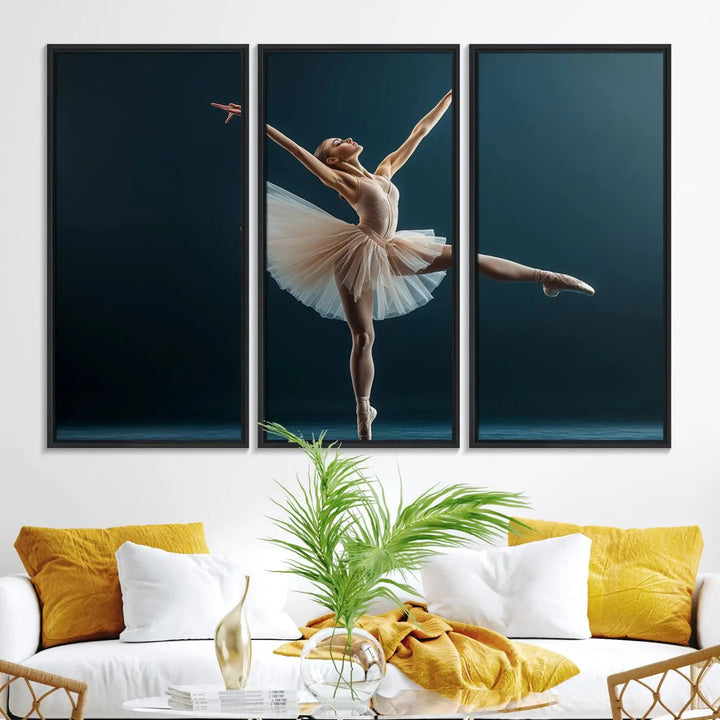 This stunning Ballerina Canvas Wall Art Print captures the elegance of a ballet dancer in motion, beautifully highlighted against a stage-like backdrop with delicate decor and natural elements. As graceful dance-inspired wall decor, it adds an element of grace and movement to any living room, office, or bedroom and is ready to hang.