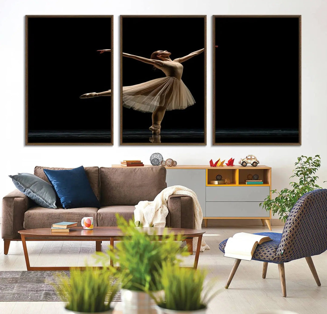 Displayed in a modern, minimalistic room is the Ballerina Canvas Wall Art Print titled "Elegant Ballet Dancer in Motion," an exquisite dance-inspired wall decor that captures the grace of a ballerina.