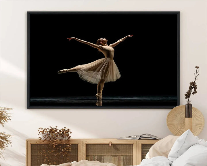 Displayed in a modern, minimalistic room is the Ballerina Canvas Wall Art Print titled "Elegant Ballet Dancer in Motion," an exquisite dance-inspired wall decor that captures the grace of a ballerina.