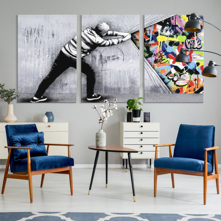 Triptych featuring the Banksy Art Behind the Curtain Street Wall Art Canvas Print, where a person peels away a gray wall to reveal vibrant urban graffiti, reminiscent of dynamic street art.