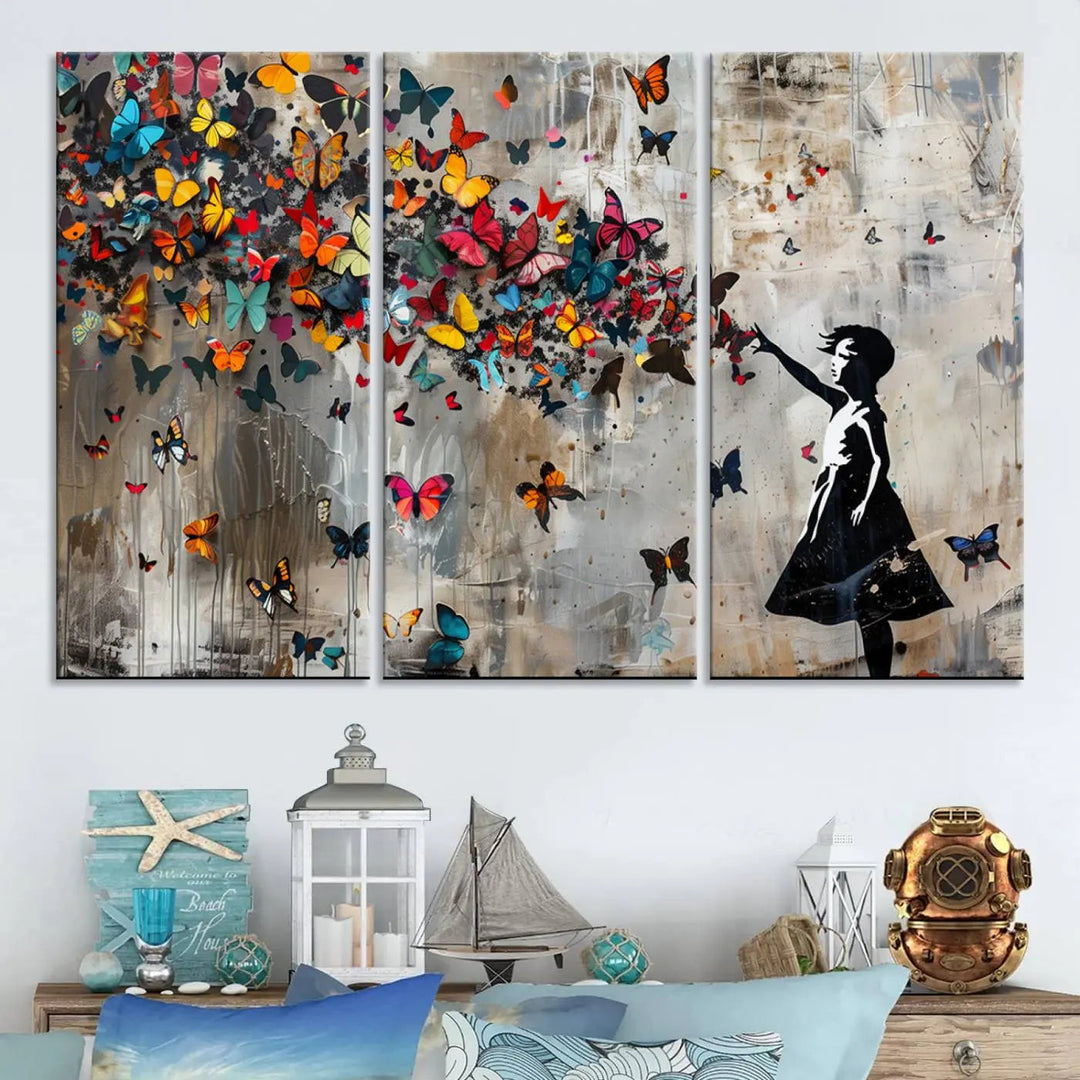 A triptych canvas print titled "Banksy Girl and Butterfly Explosion," showcasing a girl releasing colorful butterflies, enhances the space with its vibrant design. This abstract artwork is perfect for those seeking lively home decor and comes ready to hang.