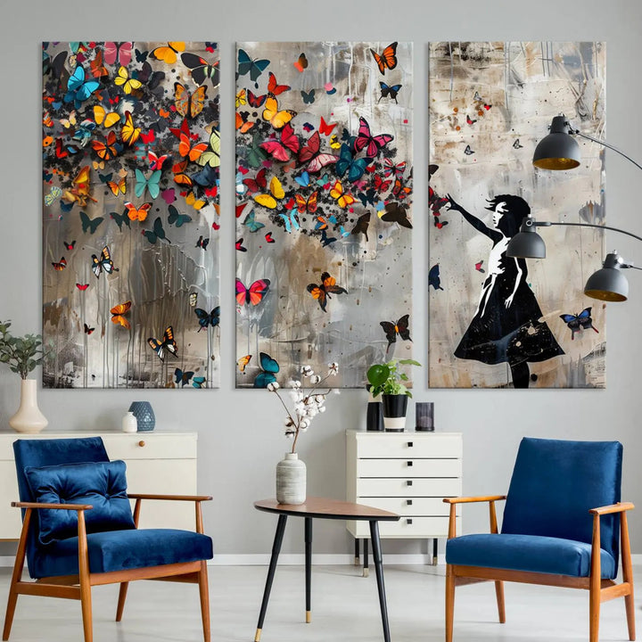 A triptych canvas print titled "Banksy Girl and Butterfly Explosion," showcasing a girl releasing colorful butterflies, enhances the space with its vibrant design. This abstract artwork is perfect for those seeking lively home decor and comes ready to hang.