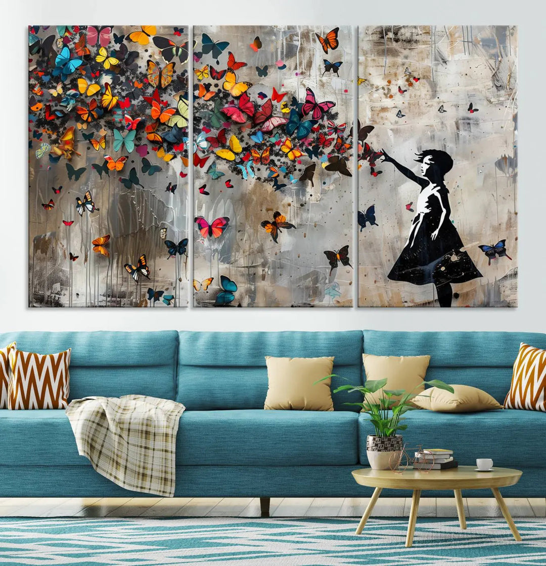 A triptych canvas print titled "Banksy Girl and Butterfly Explosion," showcasing a girl releasing colorful butterflies, enhances the space with its vibrant design. This abstract artwork is perfect for those seeking lively home decor and comes ready to hang.