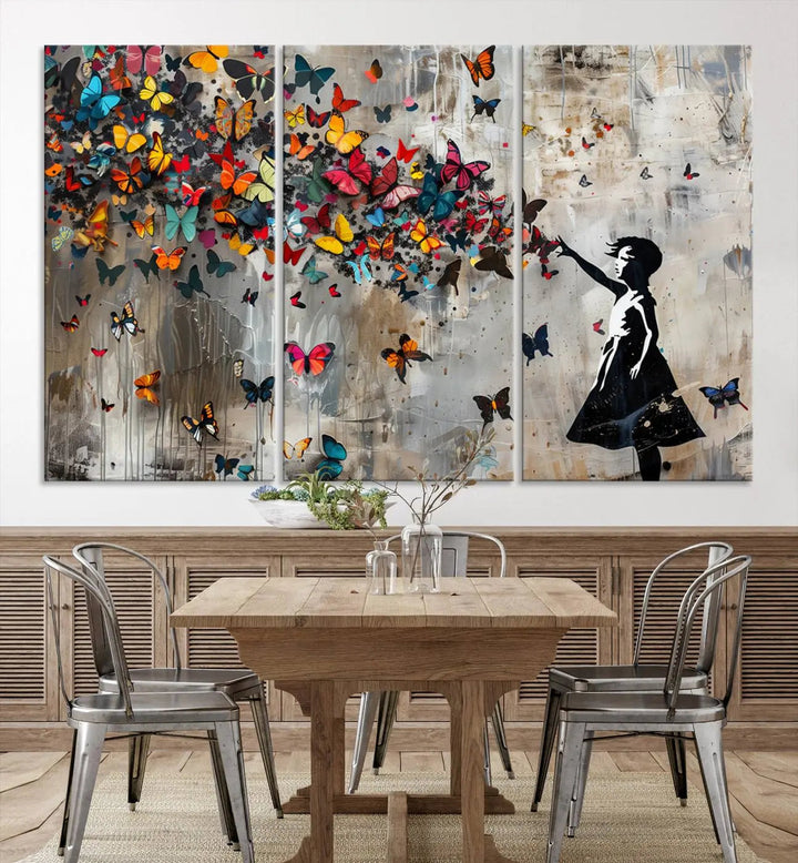 A triptych canvas print titled "Banksy Girl and Butterfly Explosion," showcasing a girl releasing colorful butterflies, enhances the space with its vibrant design. This abstract artwork is perfect for those seeking lively home decor and comes ready to hang.