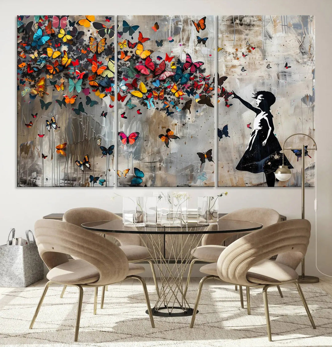 A triptych canvas print titled "Banksy Girl and Butterfly Explosion," showcasing a girl releasing colorful butterflies, enhances the space with its vibrant design. This abstract artwork is perfect for those seeking lively home decor and comes ready to hang.