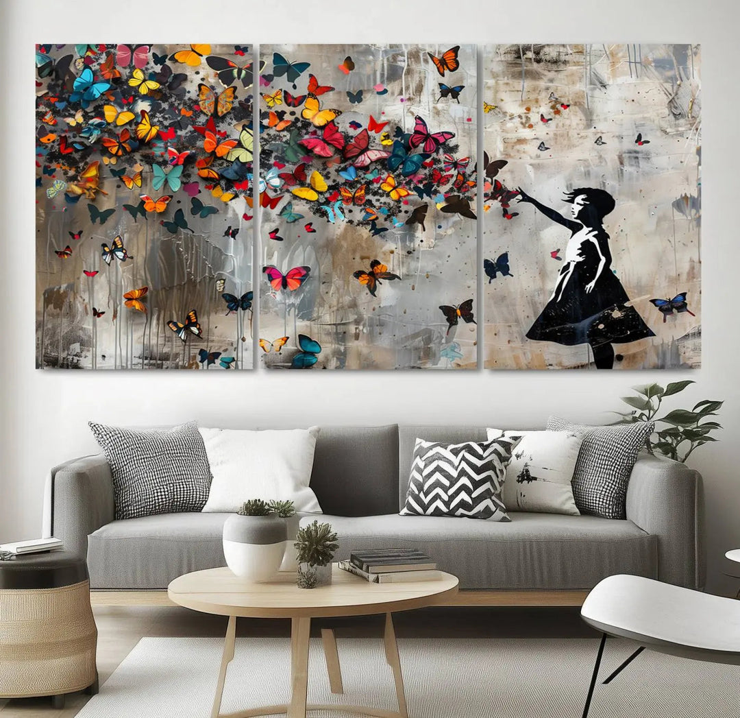 A triptych canvas print titled "Banksy Girl and Butterfly Explosion," showcasing a girl releasing colorful butterflies, enhances the space with its vibrant design. This abstract artwork is perfect for those seeking lively home decor and comes ready to hang.