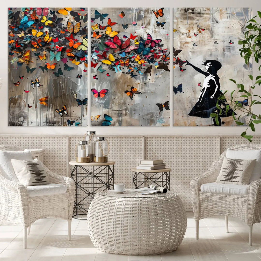 A triptych canvas print titled "Banksy Girl and Butterfly Explosion," showcasing a girl releasing colorful butterflies, enhances the space with its vibrant design. This abstract artwork is perfect for those seeking lively home decor and comes ready to hang.