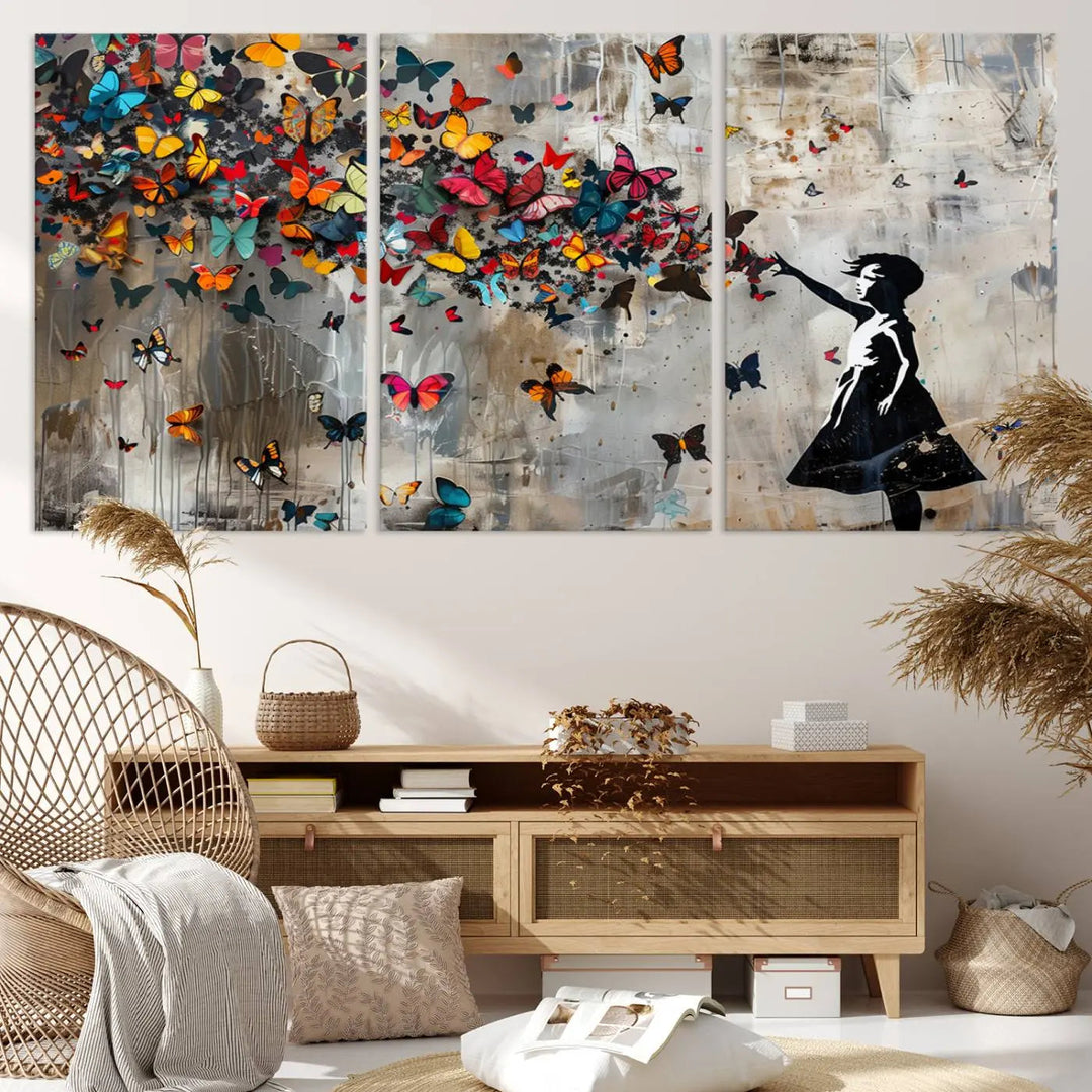 A triptych canvas print titled "Banksy Girl and Butterfly Explosion," showcasing a girl releasing colorful butterflies, enhances the space with its vibrant design. This abstract artwork is perfect for those seeking lively home decor and comes ready to hang.