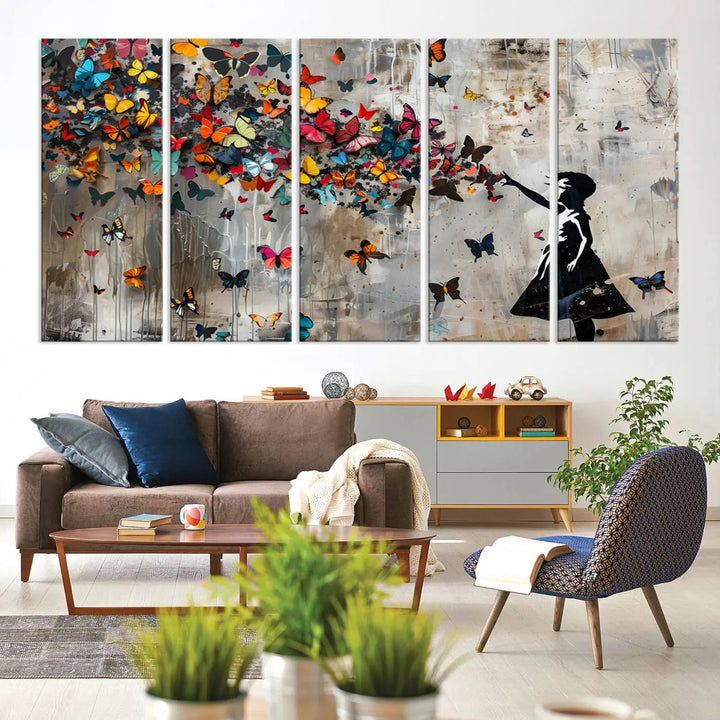 A triptych canvas print titled "Banksy Girl and Butterfly Explosion," showcasing a girl releasing colorful butterflies, enhances the space with its vibrant design. This abstract artwork is perfect for those seeking lively home decor and comes ready to hang.