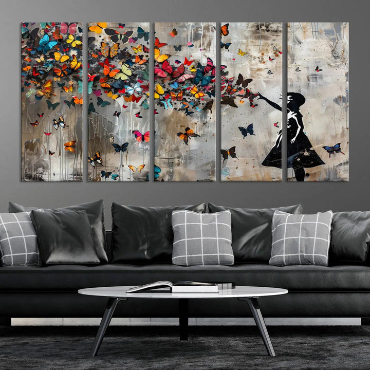 A triptych canvas print titled "Banksy Girl and Butterfly Explosion," showcasing a girl releasing colorful butterflies, enhances the space with its vibrant design. This abstract artwork is perfect for those seeking lively home decor and comes ready to hang.