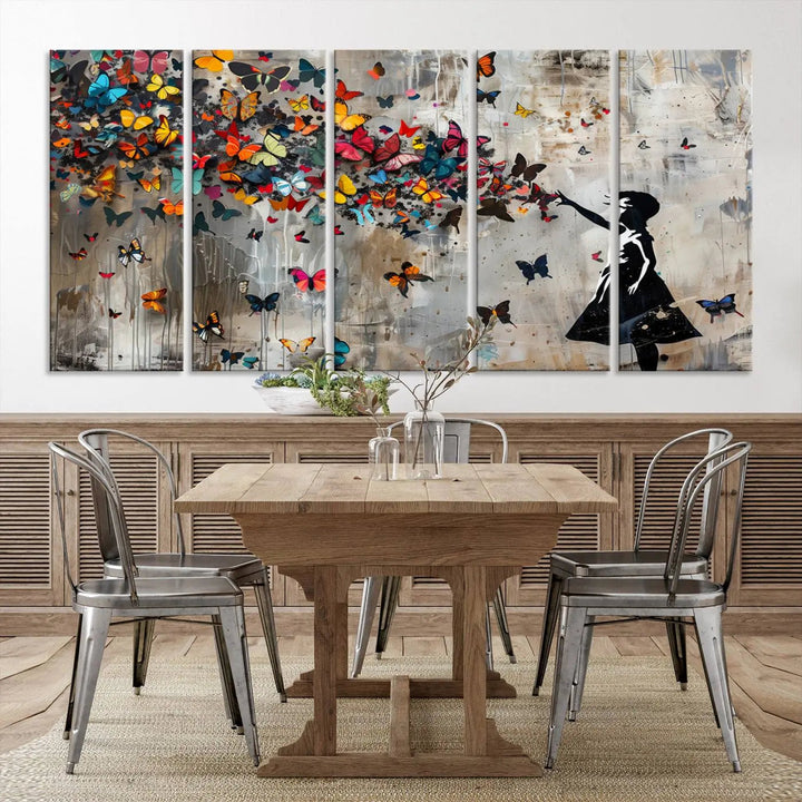 A triptych canvas print titled "Banksy Girl and Butterfly Explosion," showcasing a girl releasing colorful butterflies, enhances the space with its vibrant design. This abstract artwork is perfect for those seeking lively home decor and comes ready to hang.