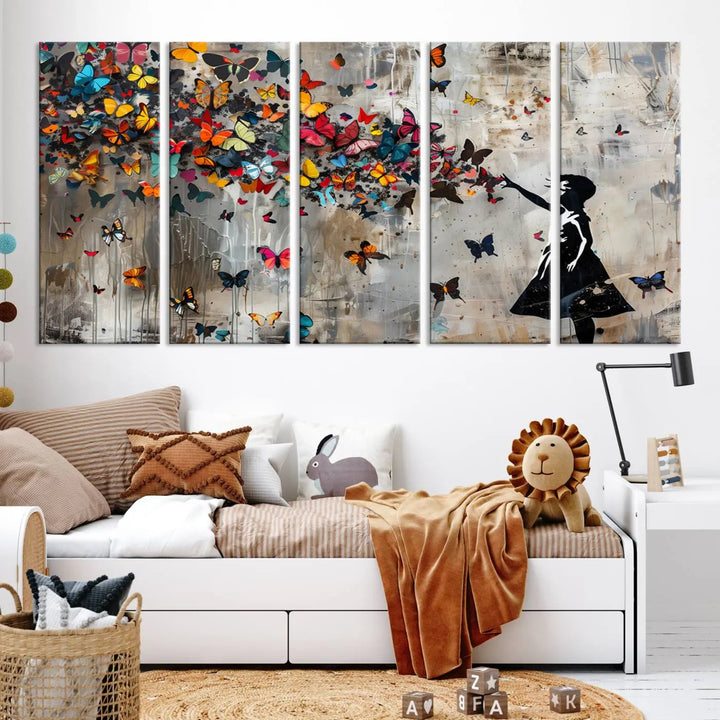 A triptych canvas print titled "Banksy Girl and Butterfly Explosion," showcasing a girl releasing colorful butterflies, enhances the space with its vibrant design. This abstract artwork is perfect for those seeking lively home decor and comes ready to hang.