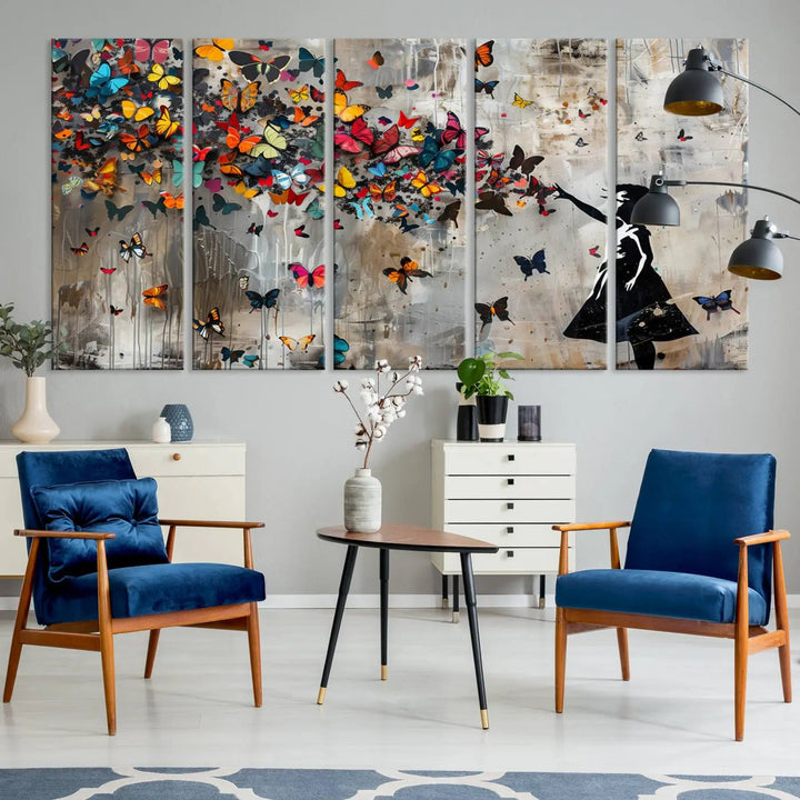 A triptych canvas print titled "Banksy Girl and Butterfly Explosion," showcasing a girl releasing colorful butterflies, enhances the space with its vibrant design. This abstract artwork is perfect for those seeking lively home decor and comes ready to hang.