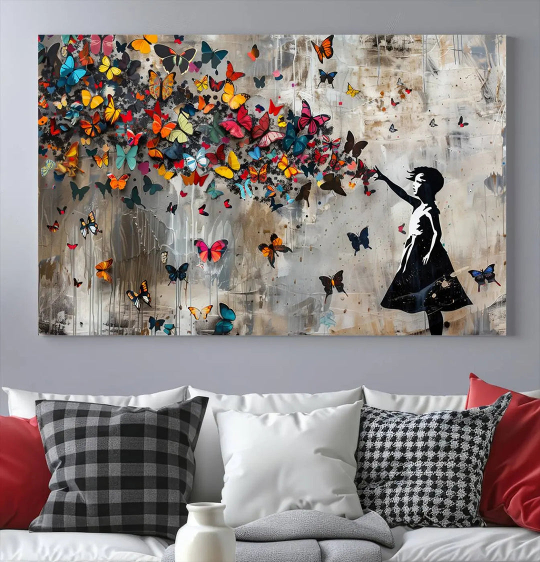 A triptych canvas print titled "Banksy Girl and Butterfly Explosion," showcasing a girl releasing colorful butterflies, enhances the space with its vibrant design. This abstract artwork is perfect for those seeking lively home decor and comes ready to hang.