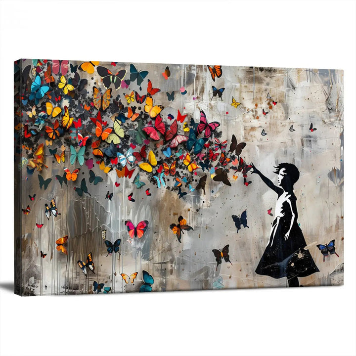 A triptych canvas print titled "Banksy Girl and Butterfly Explosion," showcasing a girl releasing colorful butterflies, enhances the space with its vibrant design. This abstract artwork is perfect for those seeking lively home decor and comes ready to hang.