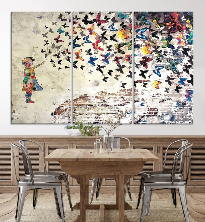 The vibrant street art print titled "Banksy Girl Butterfly Graffiti Wall Art Canvas Print - Butterfly Girl and Freedom Flight" captures attention with its depiction of a Butterfly Girl releasing colorful butterflies. Reminiscent of a Banksy creation, it exudes the charm of street art through its graffiti canvas style.