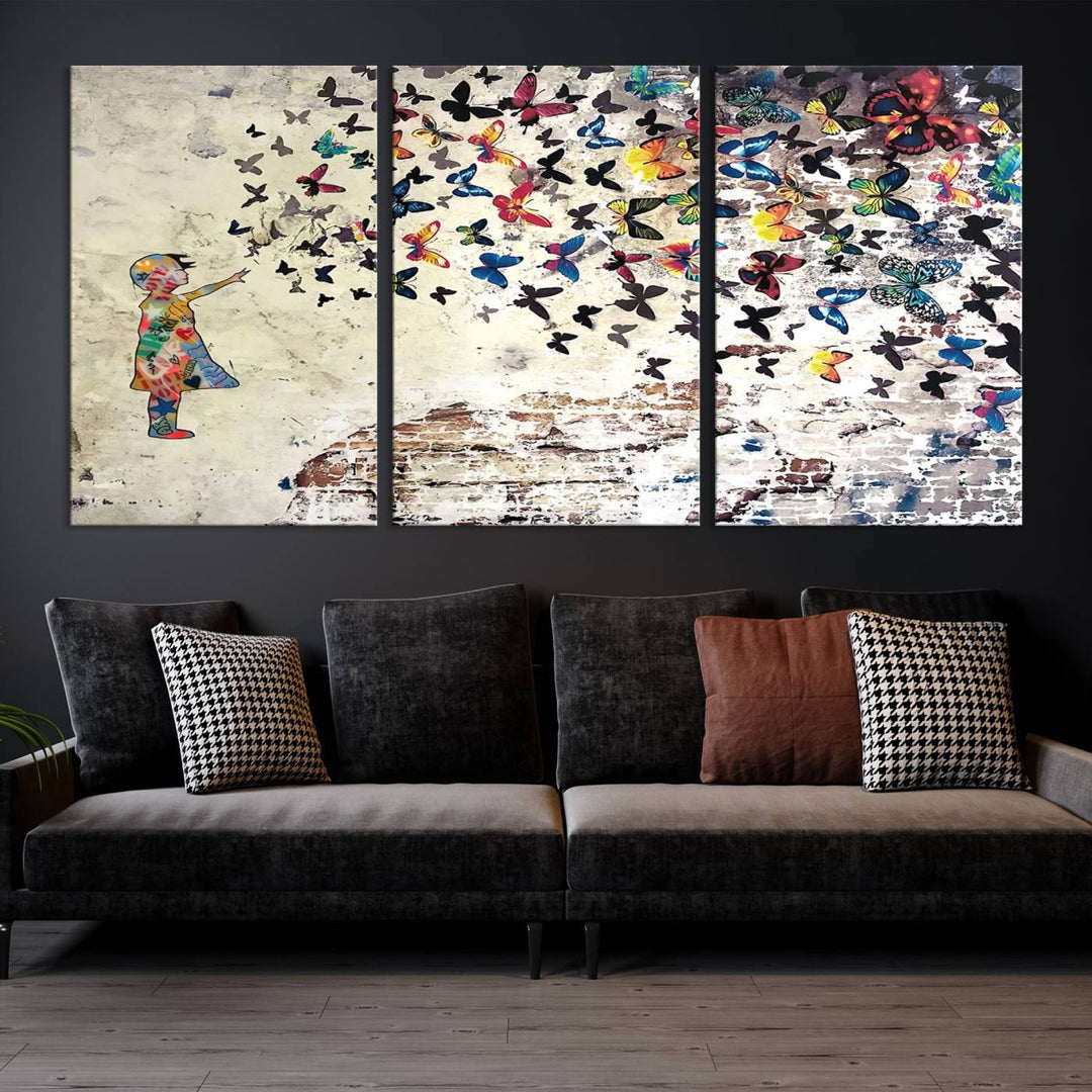 The vibrant street art print titled "Banksy Girl Butterfly Graffiti Wall Art Canvas Print - Butterfly Girl and Freedom Flight" captures attention with its depiction of a Butterfly Girl releasing colorful butterflies. Reminiscent of a Banksy creation, it exudes the charm of street art through its graffiti canvas style.