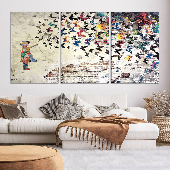 The vibrant street art print titled "Banksy Girl Butterfly Graffiti Wall Art Canvas Print - Butterfly Girl and Freedom Flight" captures attention with its depiction of a Butterfly Girl releasing colorful butterflies. Reminiscent of a Banksy creation, it exudes the charm of street art through its graffiti canvas style.