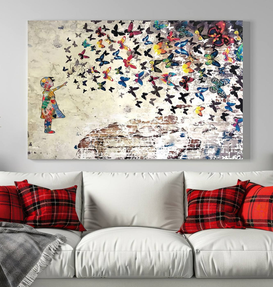 The vibrant street art print titled "Banksy Girl Butterfly Graffiti Wall Art Canvas Print - Butterfly Girl and Freedom Flight" captures attention with its depiction of a Butterfly Girl releasing colorful butterflies. Reminiscent of a Banksy creation, it exudes the charm of street art through its graffiti canvas style.