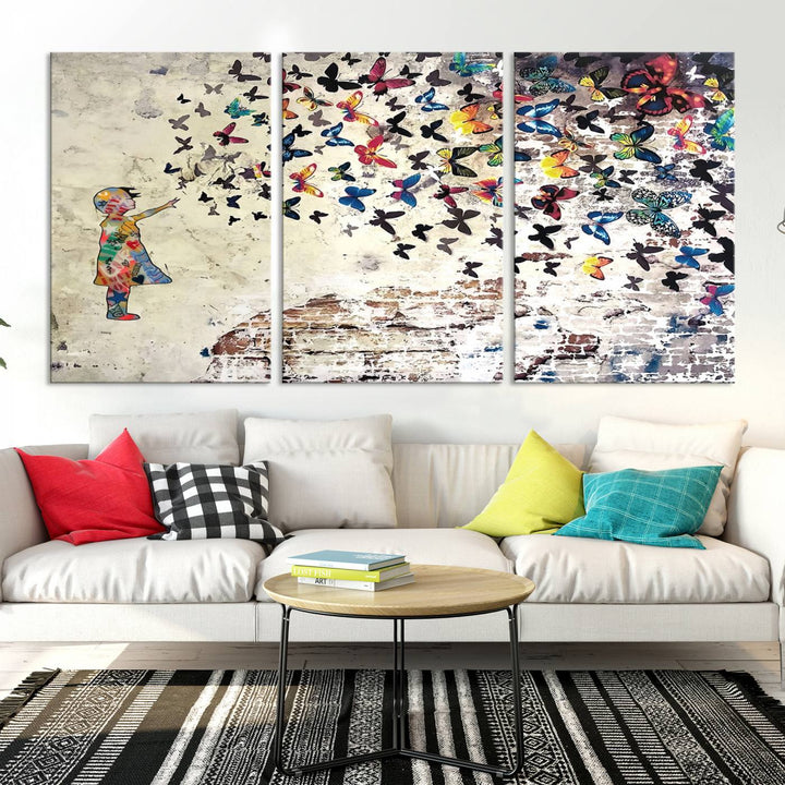 The vibrant street art print titled "Banksy Girl Butterfly Graffiti Wall Art Canvas Print - Butterfly Girl and Freedom Flight" captures attention with its depiction of a Butterfly Girl releasing colorful butterflies. Reminiscent of a Banksy creation, it exudes the charm of street art through its graffiti canvas style.