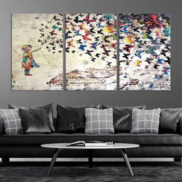 The vibrant street art print titled "Banksy Girl Butterfly Graffiti Wall Art Canvas Print - Butterfly Girl and Freedom Flight" captures attention with its depiction of a Butterfly Girl releasing colorful butterflies. Reminiscent of a Banksy creation, it exudes the charm of street art through its graffiti canvas style.