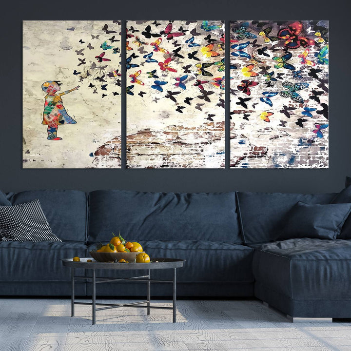 The vibrant street art print titled "Banksy Girl Butterfly Graffiti Wall Art Canvas Print - Butterfly Girl and Freedom Flight" captures attention with its depiction of a Butterfly Girl releasing colorful butterflies. Reminiscent of a Banksy creation, it exudes the charm of street art through its graffiti canvas style.