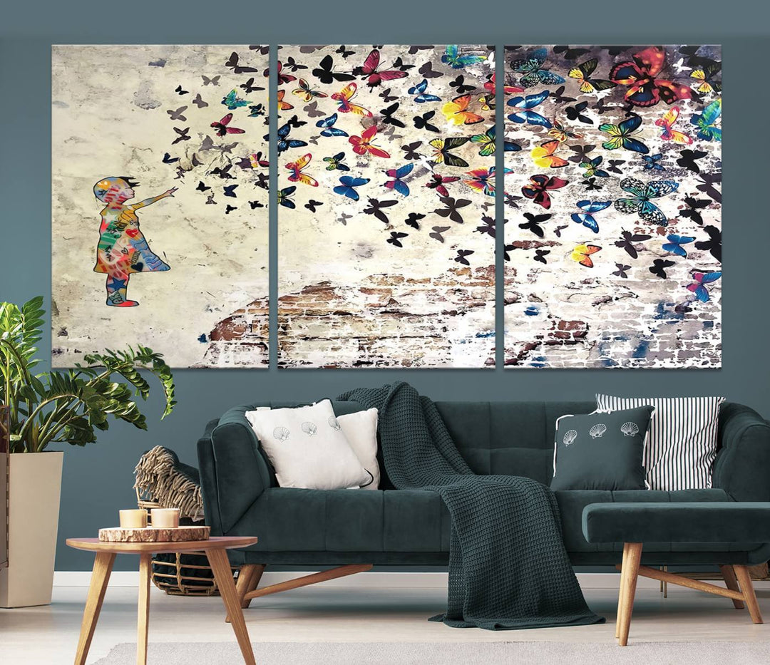 The vibrant street art print titled "Banksy Girl Butterfly Graffiti Wall Art Canvas Print - Butterfly Girl and Freedom Flight" captures attention with its depiction of a Butterfly Girl releasing colorful butterflies. Reminiscent of a Banksy creation, it exudes the charm of street art through its graffiti canvas style.