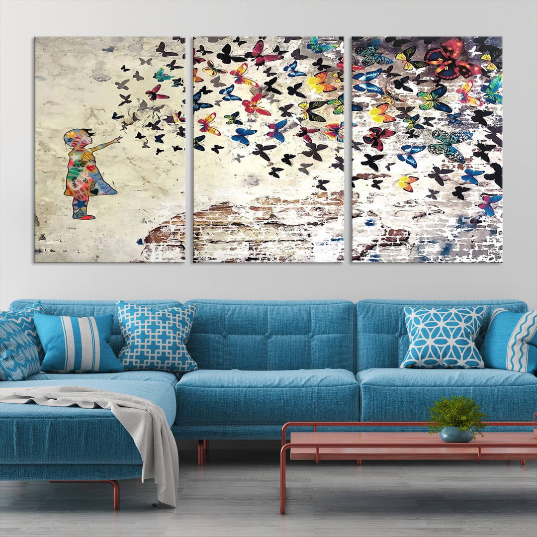 The vibrant street art print titled "Banksy Girl Butterfly Graffiti Wall Art Canvas Print - Butterfly Girl and Freedom Flight" captures attention with its depiction of a Butterfly Girl releasing colorful butterflies. Reminiscent of a Banksy creation, it exudes the charm of street art through its graffiti canvas style.