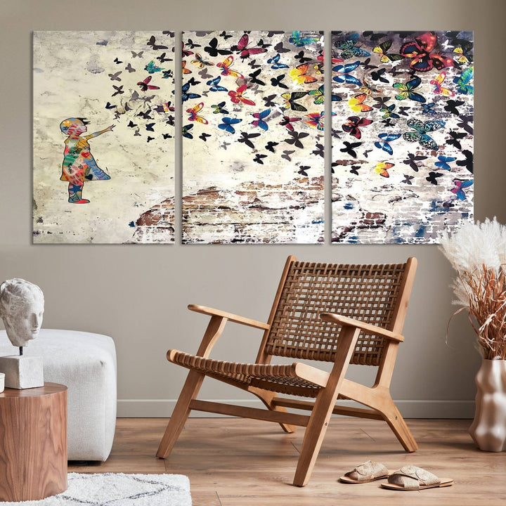 The vibrant street art print titled "Banksy Girl Butterfly Graffiti Wall Art Canvas Print - Butterfly Girl and Freedom Flight" captures attention with its depiction of a Butterfly Girl releasing colorful butterflies. Reminiscent of a Banksy creation, it exudes the charm of street art through its graffiti canvas style.