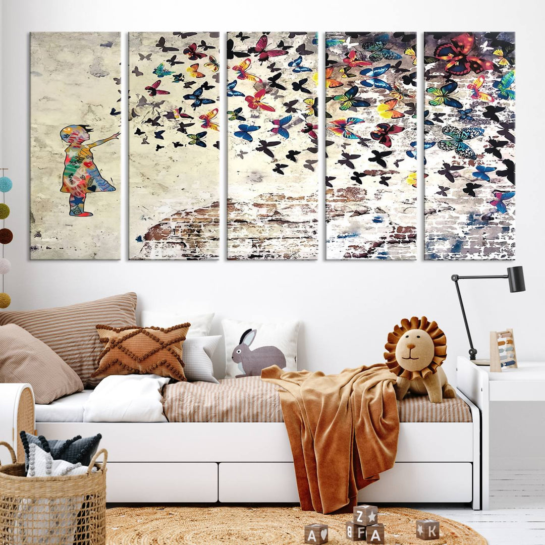 The vibrant street art print titled "Banksy Girl Butterfly Graffiti Wall Art Canvas Print - Butterfly Girl and Freedom Flight" captures attention with its depiction of a Butterfly Girl releasing colorful butterflies. Reminiscent of a Banksy creation, it exudes the charm of street art through its graffiti canvas style.