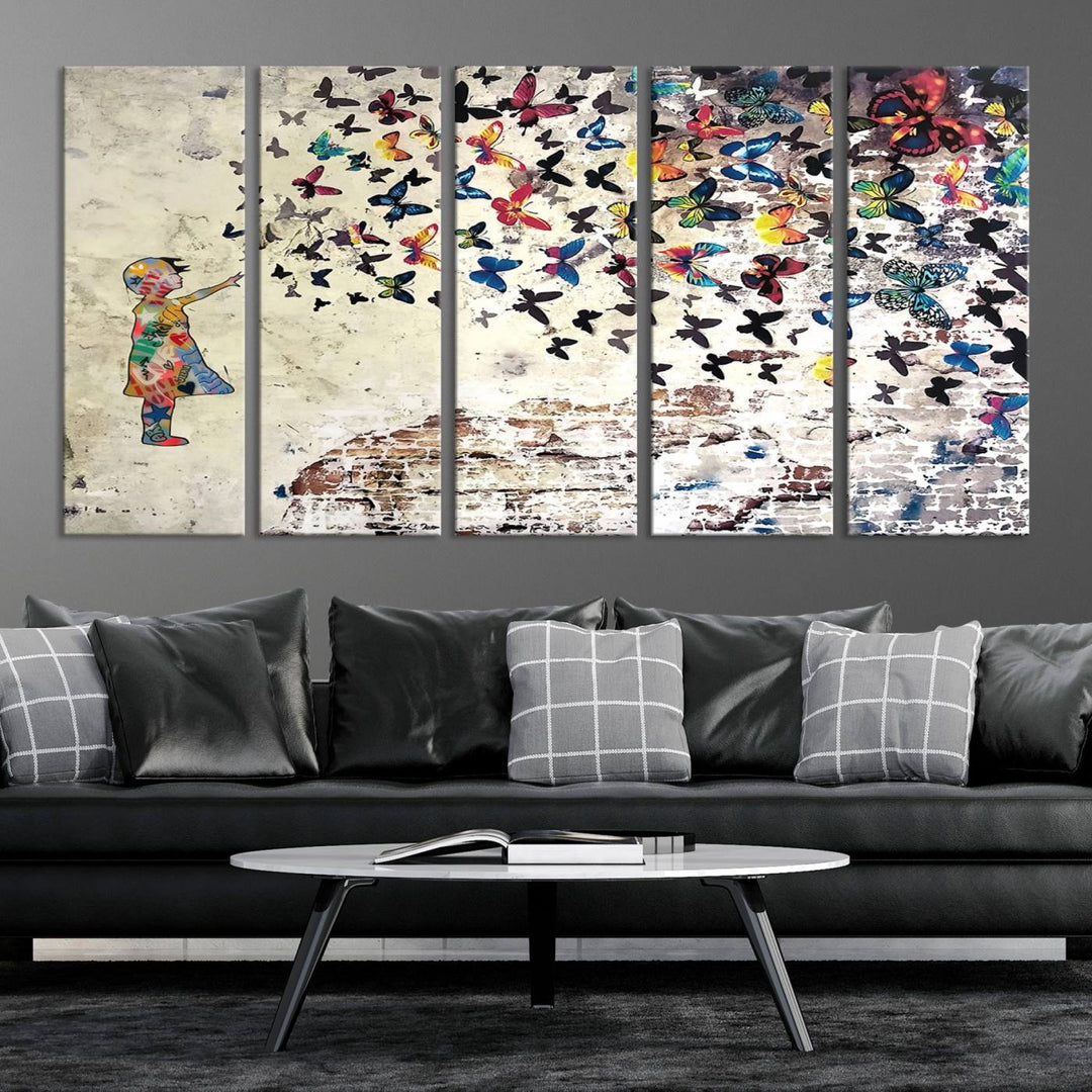 The vibrant street art print titled "Banksy Girl Butterfly Graffiti Wall Art Canvas Print - Butterfly Girl and Freedom Flight" captures attention with its depiction of a Butterfly Girl releasing colorful butterflies. Reminiscent of a Banksy creation, it exudes the charm of street art through its graffiti canvas style.