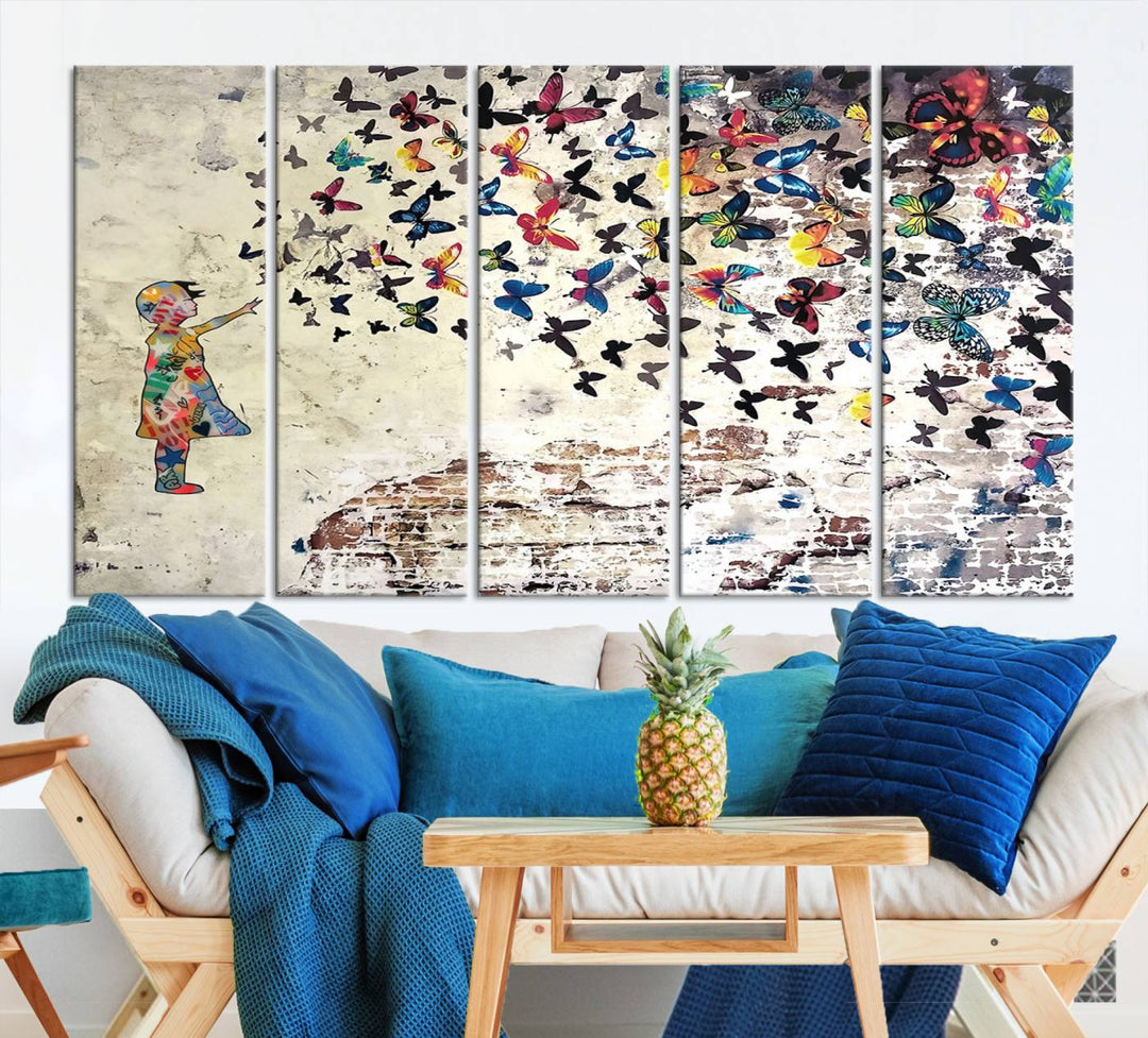 The vibrant street art print titled "Banksy Girl Butterfly Graffiti Wall Art Canvas Print - Butterfly Girl and Freedom Flight" captures attention with its depiction of a Butterfly Girl releasing colorful butterflies. Reminiscent of a Banksy creation, it exudes the charm of street art through its graffiti canvas style.