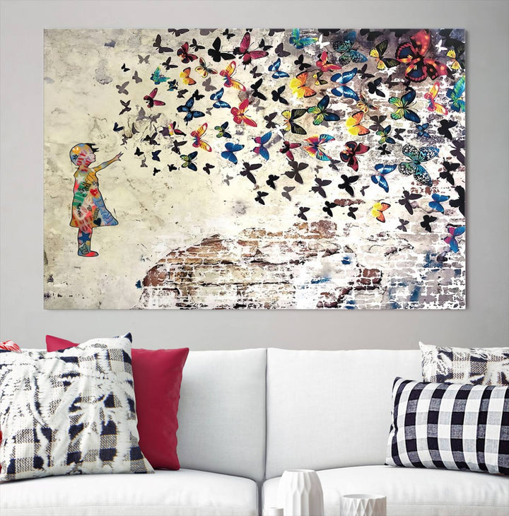 The vibrant street art print titled "Banksy Girl Butterfly Graffiti Wall Art Canvas Print - Butterfly Girl and Freedom Flight" captures attention with its depiction of a Butterfly Girl releasing colorful butterflies. Reminiscent of a Banksy creation, it exudes the charm of street art through its graffiti canvas style.