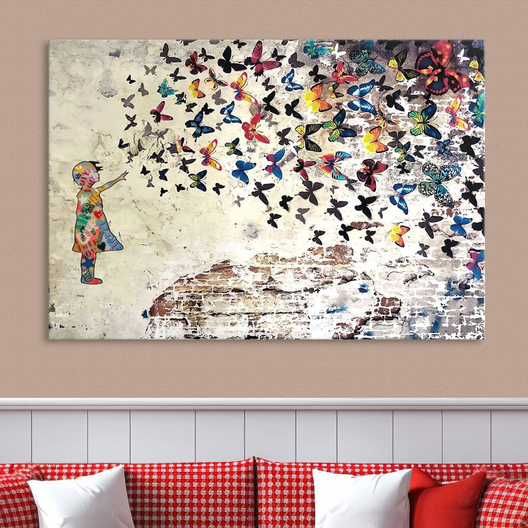 The vibrant street art print titled "Banksy Girl Butterfly Graffiti Wall Art Canvas Print - Butterfly Girl and Freedom Flight" captures attention with its depiction of a Butterfly Girl releasing colorful butterflies. Reminiscent of a Banksy creation, it exudes the charm of street art through its graffiti canvas style.