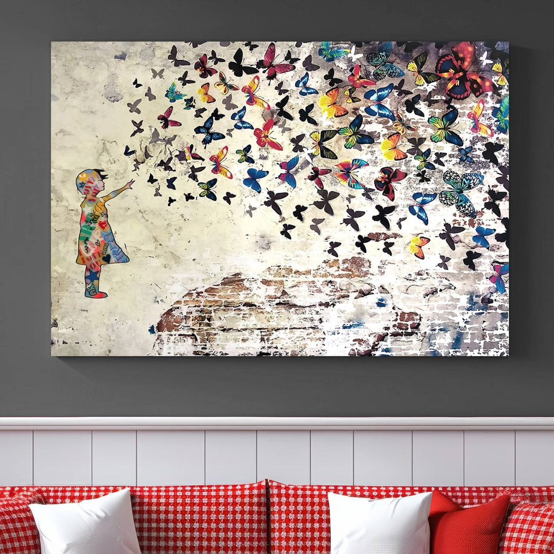 The vibrant street art print titled "Banksy Girl Butterfly Graffiti Wall Art Canvas Print - Butterfly Girl and Freedom Flight" captures attention with its depiction of a Butterfly Girl releasing colorful butterflies. Reminiscent of a Banksy creation, it exudes the charm of street art through its graffiti canvas style.