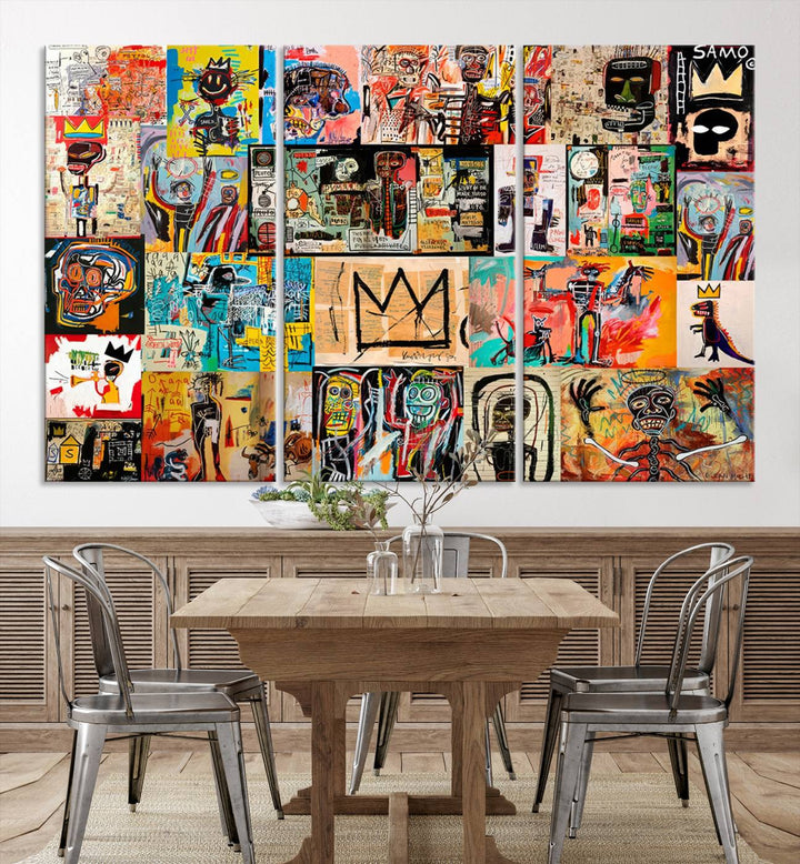 A vibrant Basquiat Art Collage Wall Art Canvas Print in an urban graffiti style adds a modern artistic flair.