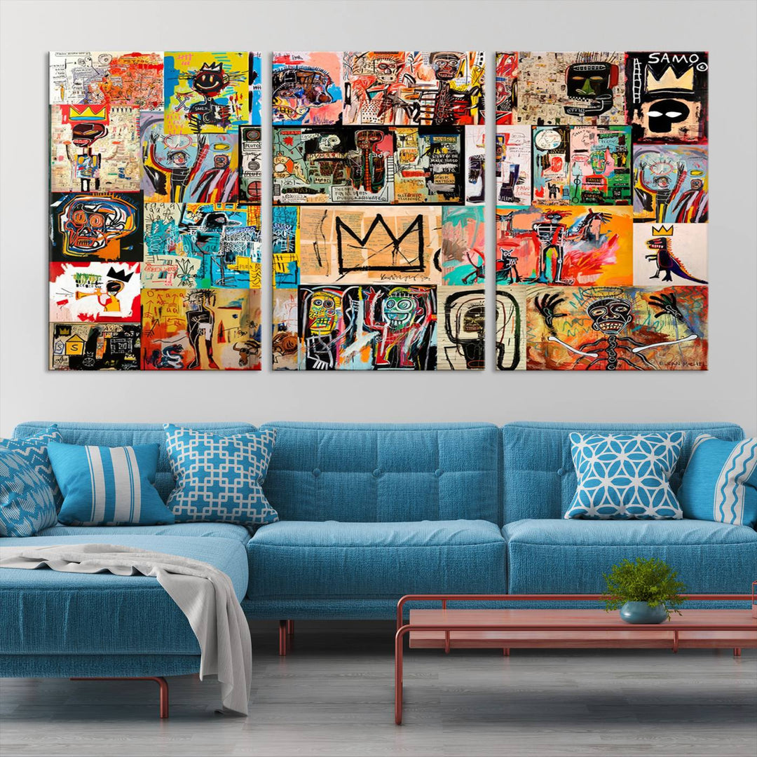 A vibrant Basquiat Art Collage Wall Art Canvas Print in an urban graffiti style adds a modern artistic flair.