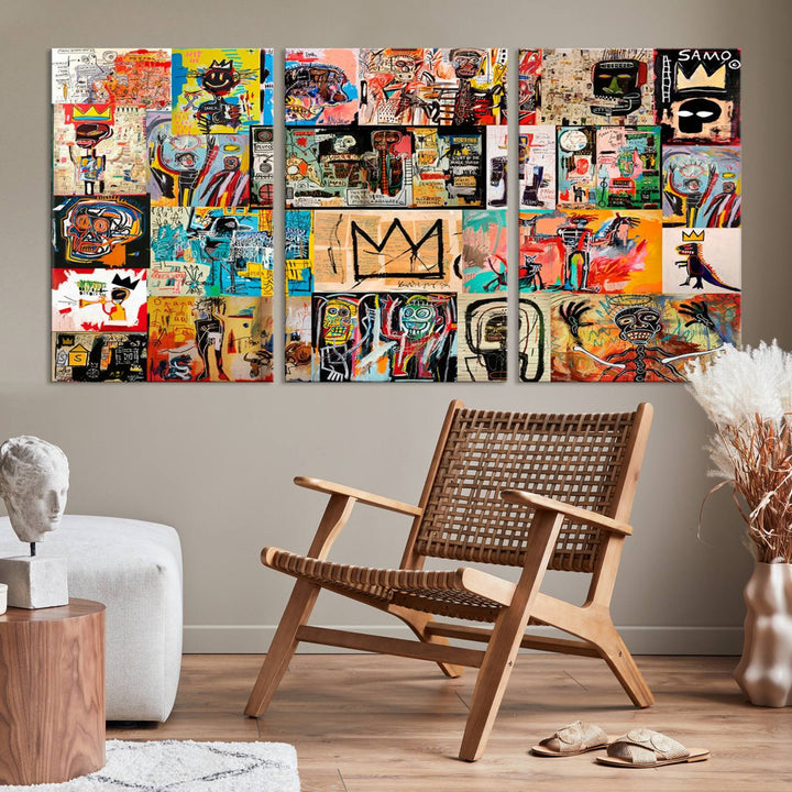 A vibrant Basquiat Art Collage Wall Art Canvas Print in an urban graffiti style adds a modern artistic flair.