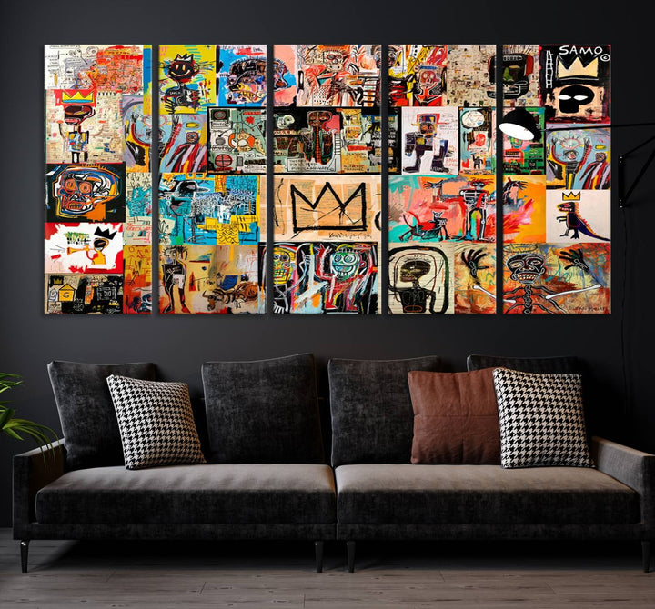 A vibrant Basquiat Art Collage Wall Art Canvas Print in an urban graffiti style adds a modern artistic flair.