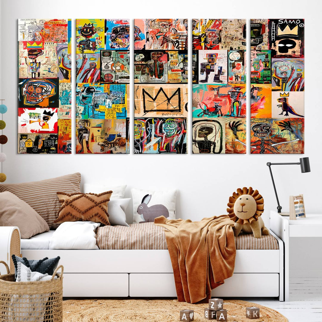 A vibrant Basquiat Art Collage Wall Art Canvas Print in an urban graffiti style adds a modern artistic flair.