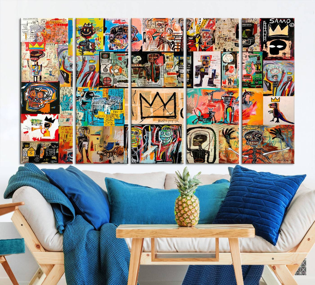 A vibrant Basquiat Art Collage Wall Art Canvas Print in an urban graffiti style adds a modern artistic flair.