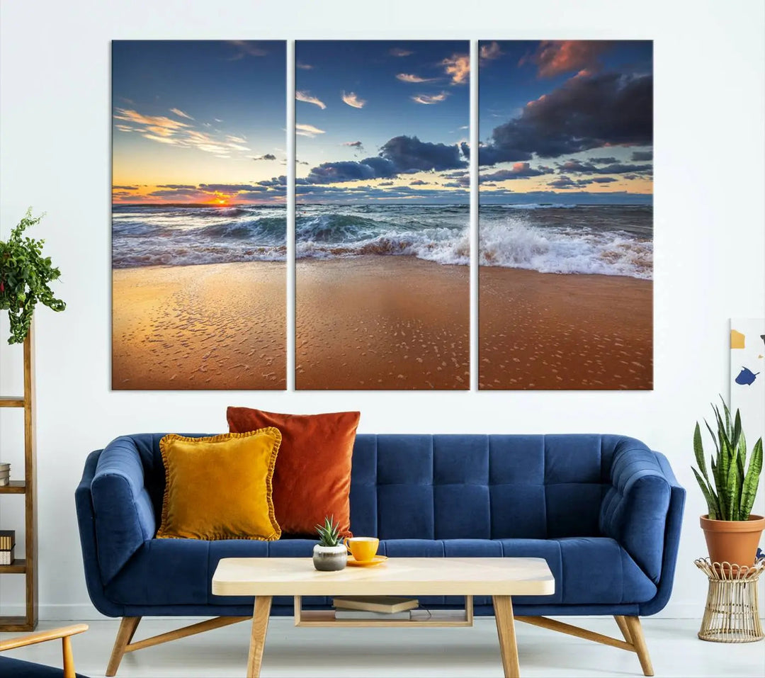 Beach canvas wall art depicting ocean waves and a tranquil sunset.