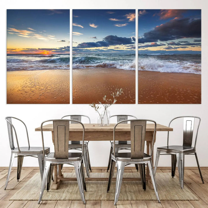 Beach canvas wall art depicting ocean waves and a tranquil sunset.