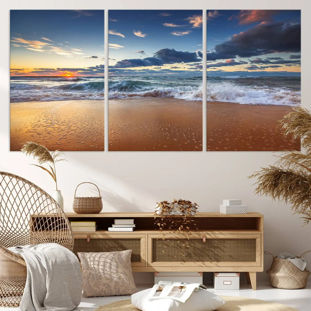 Beach canvas wall art depicting ocean waves and a tranquil sunset.