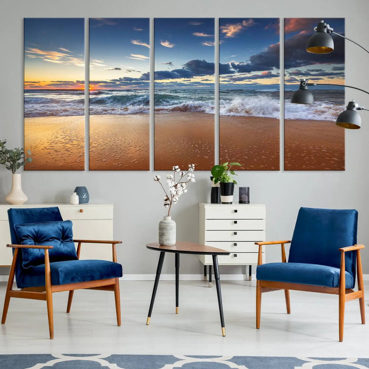 Beach canvas wall art depicting ocean waves and a tranquil sunset.