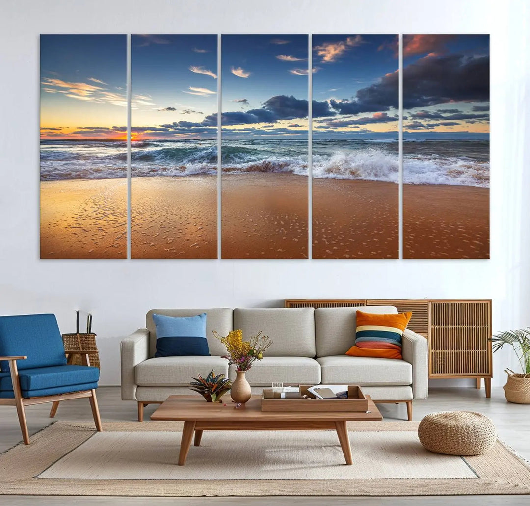 Beach canvas wall art depicting ocean waves and a tranquil sunset.