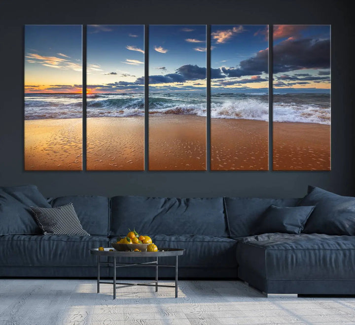 Beach canvas wall art depicting ocean waves and a tranquil sunset.